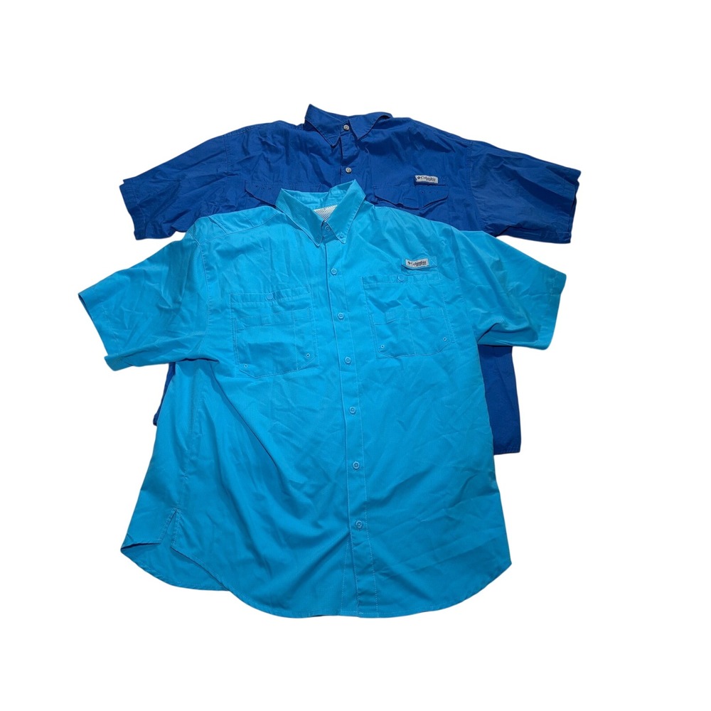 Columbia PFG Mens Large Fishing Shirt Lot 2 Short Sleeve Omni-Shade Blue Teal